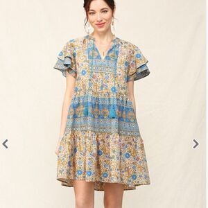 Bohemian Pattern Blue Floral Mini Dress Flutter Sleeves Easter Casual